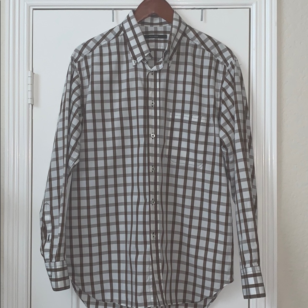 Billy Reid Men's White Brown Plaid Button Down Shirt Size Medium